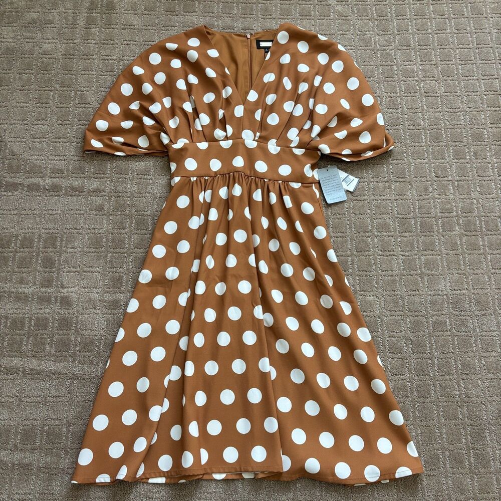 Alexia Admor Polka Dot Draped Midi Fit Flare Dress Sz 6 Brown Pretty Women Derby